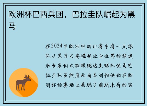 欧洲杯巴西兵团,巴拉圭队崛起为黑马