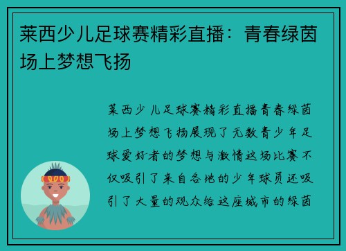 莱西少儿足球赛精彩直播:青春绿茵场上梦想飞扬